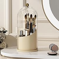 Makeup Brush Holder Organizer with Lid,360 Rotating Clear Dustproof Makeup Brushes Organizer for Vanity Desktop Bathroom Countertop, White Beige