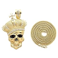 Skull and Crown Ruby Red Eyes Gold Color Pendant on 24 Inch Cuban Necklace