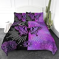 Black Purple Butterfly Bedding Set for Women Girls Boho Mandala Purple Black Butterfly Comforter Cover King Warm Lotus Sun Star Butterfly Duvet Cover and 2 Pillowcases