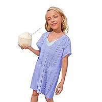 Milumia Girl's Crochet Coverup Cut Out V Neck Short Sleeve Sheer Swimsuit Cover Ups