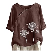 Cotton Linen Tops for Women 3/4 Sleeve Dandelion Print Shirts Casual Loose Crewneck Tops Plant Graphic Tshirt Blouse