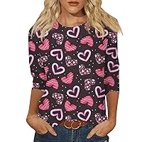 Women Summer Tops Valentine's Day Shirts for Women Fashion Heart Print Tops 3/4 Sleeve Pullover Shirts Casual Blouses