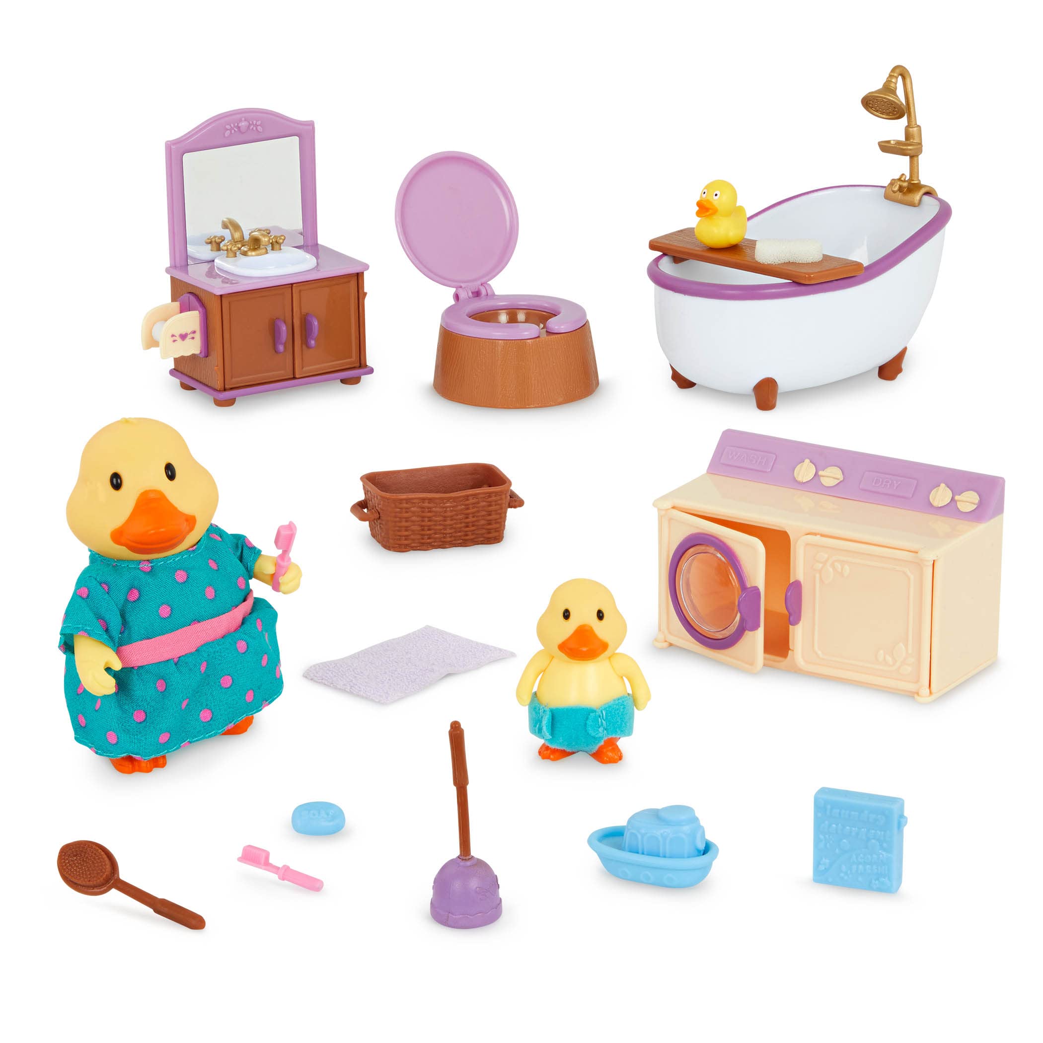 Li'l Woodzeez Lil Woodzeez – Dollhouse Furniture – Animal Figurines – Bath & Laundry Set – Kids 3 Years +