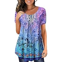 Womens Plus Size Tunic Tops Crew Neck Short Sleeve Plus Size Tshirts for Women Printing Pleated Casual Womens