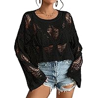 Womens Gothic Short Sweaters Oversized Punk Goth Sweater Long Bell Sleeve Knitting Crop Tops US Size S-XL