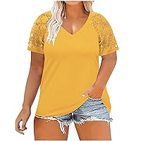 Summer Floral Print Lace Short Sleeve T Shirts for Women Plus Size V Neck Blouses Casual Loose Pullover Tunic Tops Tees