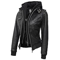 Decrum Black Leather Jacket with Removable Hood for Women | [1313624] Edinburgh, L