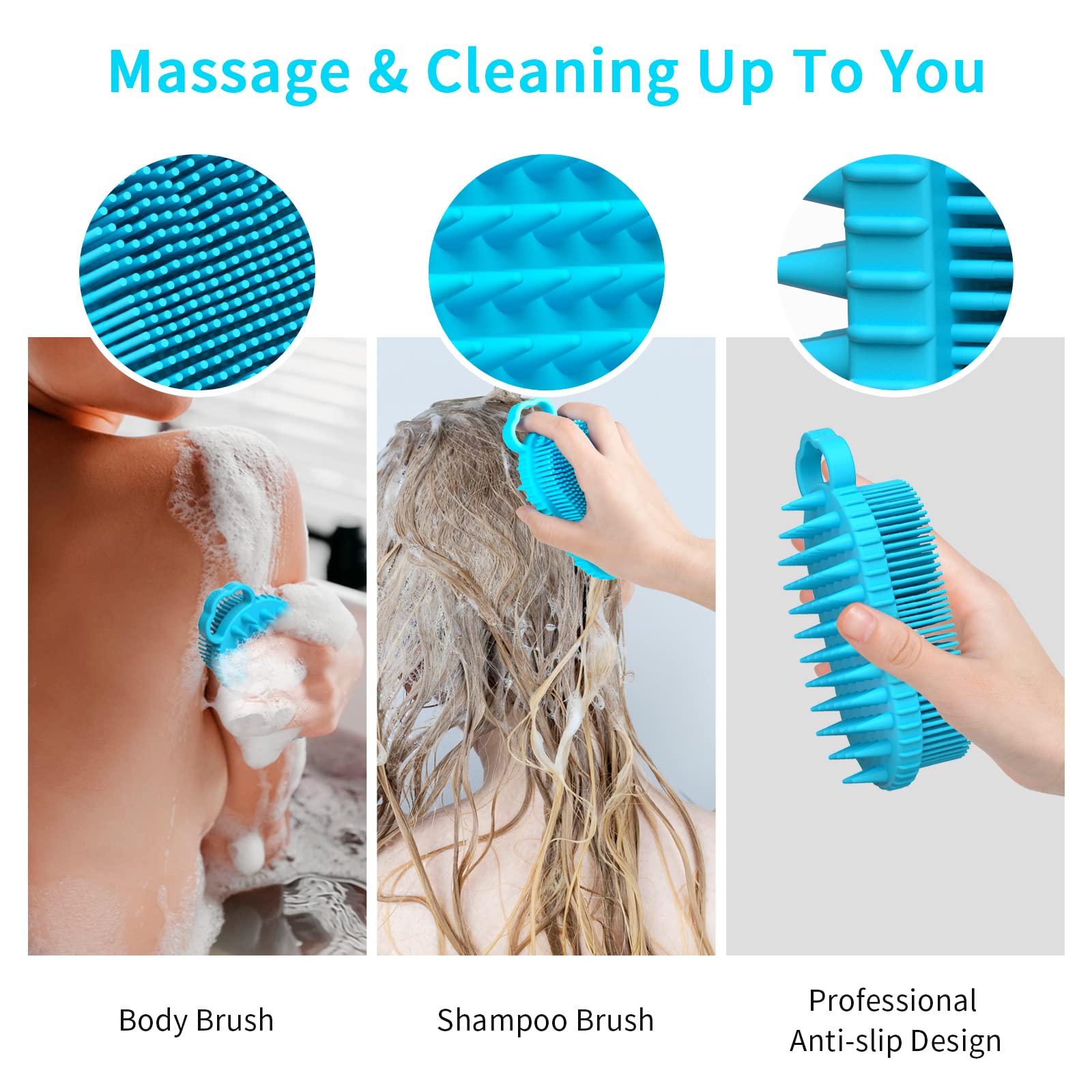 BathWe 2 Pack Silicone Body Scrubber, 2 in 1 Shower and Shampoo Scalp Massager Brush for Dry and Wet, Men Women Bath Exfoliate Accessory (Large)