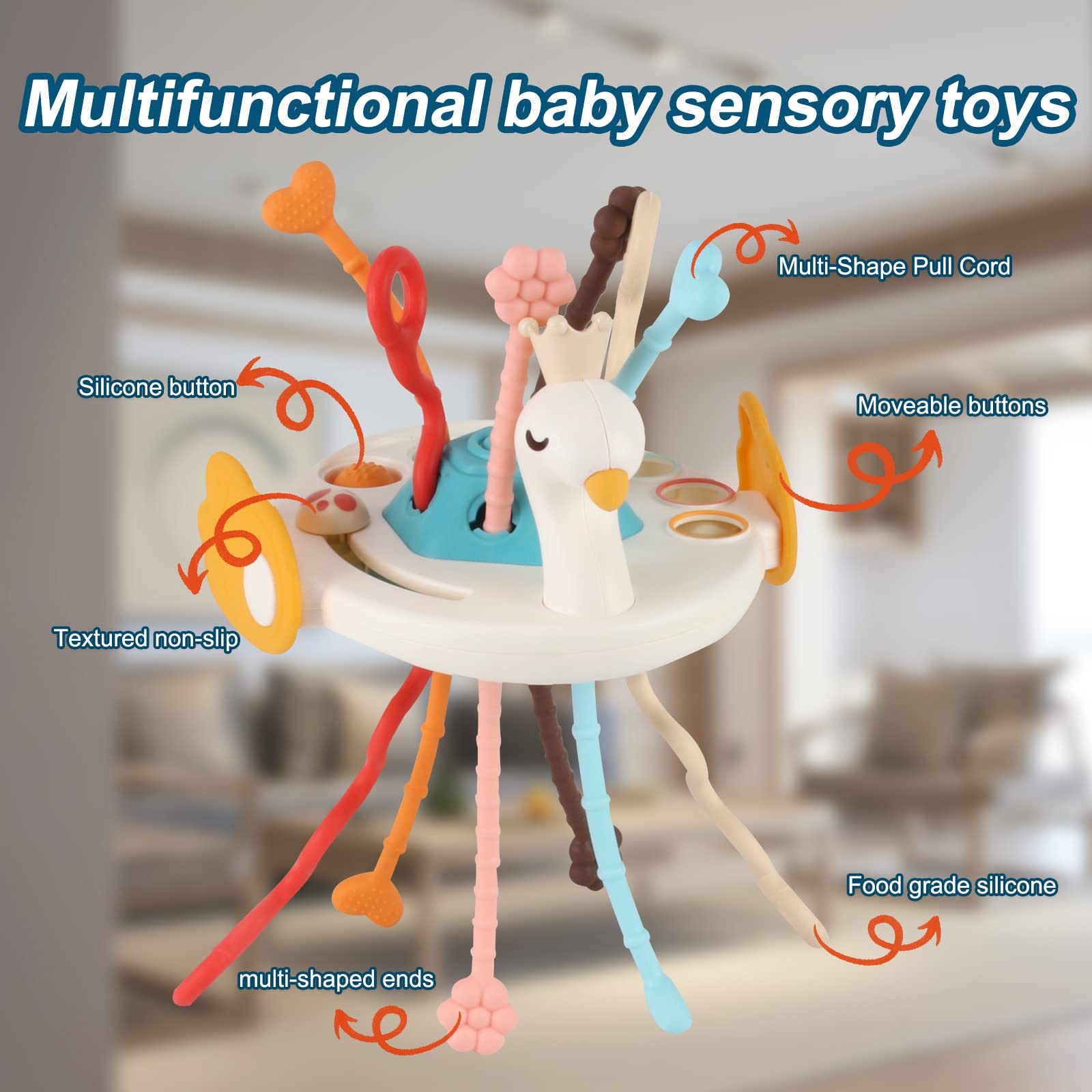 LZZAPJ Sensory Toys for Toddlers 1-3, Montessori Toys for 1 Year Old, Infant Swan Pull String Car Seat Toys for Travel, Teething Toys for Babies 6-12 Months First Birthday Gift for Baby.