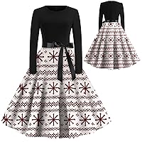 Ugly Christmas Dress Women's Tie Elegant Round Neckline A-Line Snowflake Print Long Sleeve and Knee Length Dresses