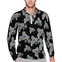 Cartoon Koala Mens Long Sleeve Polo Shirts Zippered Quarter Sweatshirts Golf Tennis T-Shirt Tops