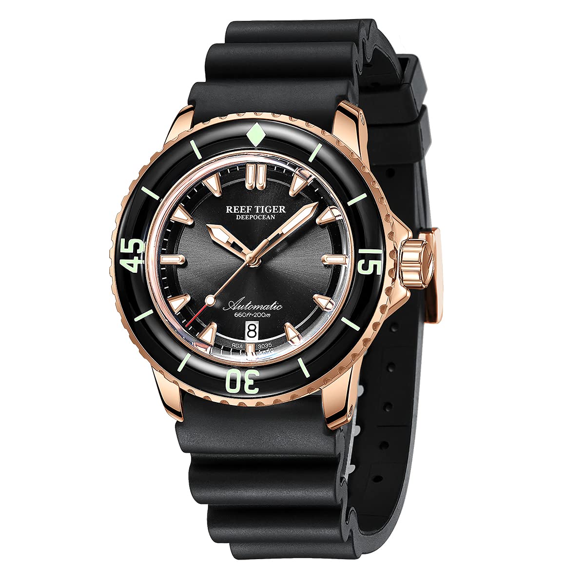 REEF TIGER Mens Mechanical Dive Watches Rose Gold Rubber Strap Watches Luminous Watch RGA3035