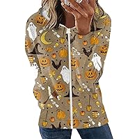 Zip Up Hoodie Women Y2K,Women Halloween Oversized Color Block Pumpkin Print Sweatshirt Casual Jacket With Pocket