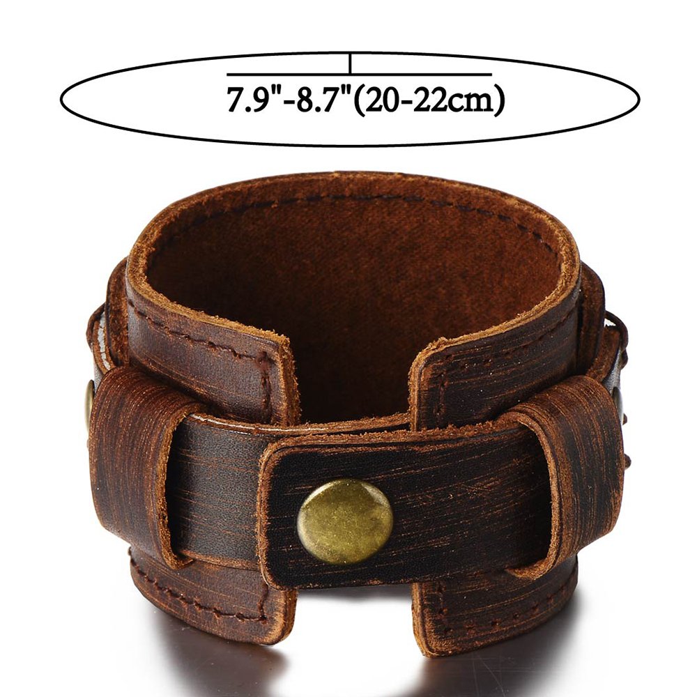 COOLSTEELANDBEYOND Metallic Genuine Leather Wristband Mens Wide Leather Bracelet with Snap Button
