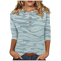 Womens 3/4 Sleeve Summer Tops,Fall Womens 3/4 Sleeve Tops and Blouses Button Casual Everyday 3/4 Sleeve V Neck Print Shirts