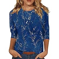 Ladies Tops 3/4 Sleeve Slim Round Neck Casual Fashion Tee Womens Loose Printed Outdoor Tunic Outdoor Weekend