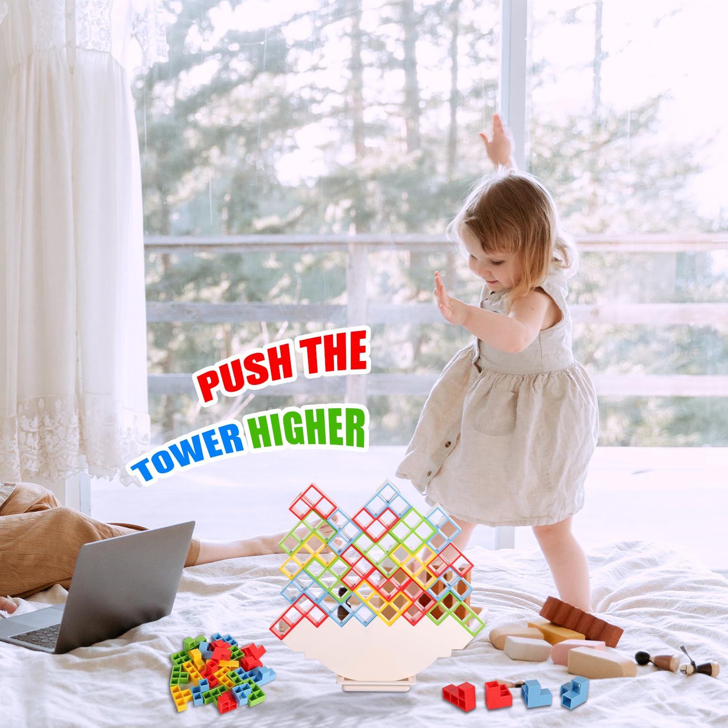TOYMIS 48pcs Tower Balance Stacking Blocks Game, Balance Blocks Stacking Game Set Board Games for Kids and Adults Board Games for 2 Players Home Games Parties Travel