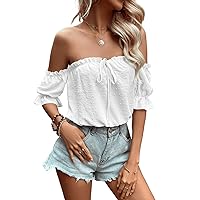SOLY HUX Women's Swiss Dots Crop Top Off The Shoulder Frill Tie Front Flounce Short Sleeve Blouse