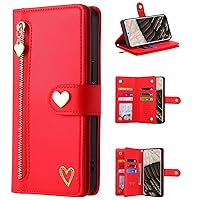 XYX Wallet Case for Samsung A21, Gold Love Pattern PU Leather 9 Card Slots Flip Zipper Pocket Purse Cover with Wrist Lanyard for Galaxy A21, Red