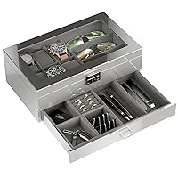 ProCase 6 Slots Lacquered Finish Wooden Men's Jewelry Box, Watch and Sunglasses Box Organizer for Men, 2-Tier Watch Holder Display Cases with Glass Top and Storage Drawer, Father's Day Gift -Grey