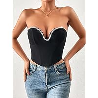 Women's Tops Shirts Sexy Tops for Women Rhinestone Trim Crop Tube Top Shirts for Women (Color : Black, Size : Small)