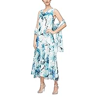 Alex Evenings Women's Sleeveless Tea Length Cowl Neck Floral Print Dress with Shawl