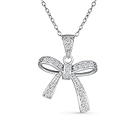 Bling Jewelry Dainty Romantic Bridal Wedding Clear Cubic Zirconia Pave CZ Station Holiday Present Ribbon Bow Pendant Necklace For Women Teen .925 Sterling Silver
