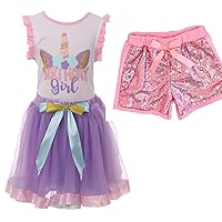 Little Girls 2 Pieces Short Set Unicorn Floral Tops Glitter Shorts Outfit 2T-8