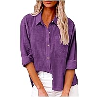 Prime of Day Deals Today 2024 Cotton Linen Button Down Shirts for Women Long Sleeve Collared Work Blouse Trendy Loose Fit Summer Tops with Pocket