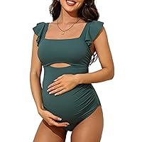 Ruffle Maternity Bathing Suits for Women Ribbed Tie Knot Maternity Swimsuit Cutout Ruched Pregnancy Swimwear