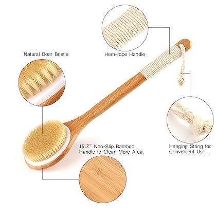 Bath Body Brush Set for Wet or Dry Brushing - Natural Detoxifying Facial Brush & Long Handle Body Brush - Exfoliating Dry Skin, Stimulate Blood Circulation - Set of 3