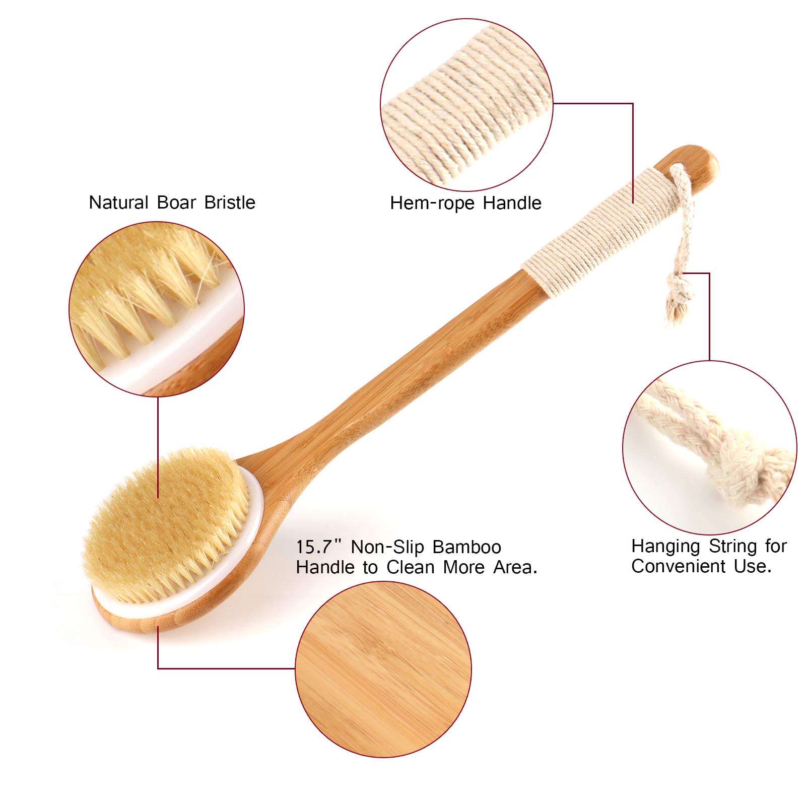 Bath Body Brush Set for Wet or Dry Brushing - Natural Detoxifying Facial Brush & Long Handle Body Brush - Exfoliating Dry Skin, Stimulate Blood Circulation - Set of 3