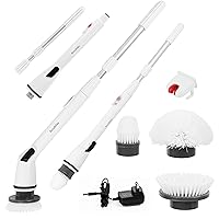 Electric Spin Scrubber with 3 Replaceable 360° Spinning Brush Heads Adjustable Extension Handle Waterproof Cordless Electric Scrubber for Bathroom, Floor, Stone Tile, Bathtub, White