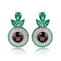 JewelryPalace Avocado 5ct Round Cut Genuine Smoky Quartz Simulated Pear Emerald Halo Stud Earrings for Women, 925 Sterling Silver White Gold Plated Earrings for Her, Gemstone Jewellery Set for Girl