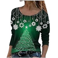 Merry and Bright Christmas Tree Shirts Women Xmas Snowflake Graphic Print T Shirt Holiday Scoop Neck Long Sleeve Tops