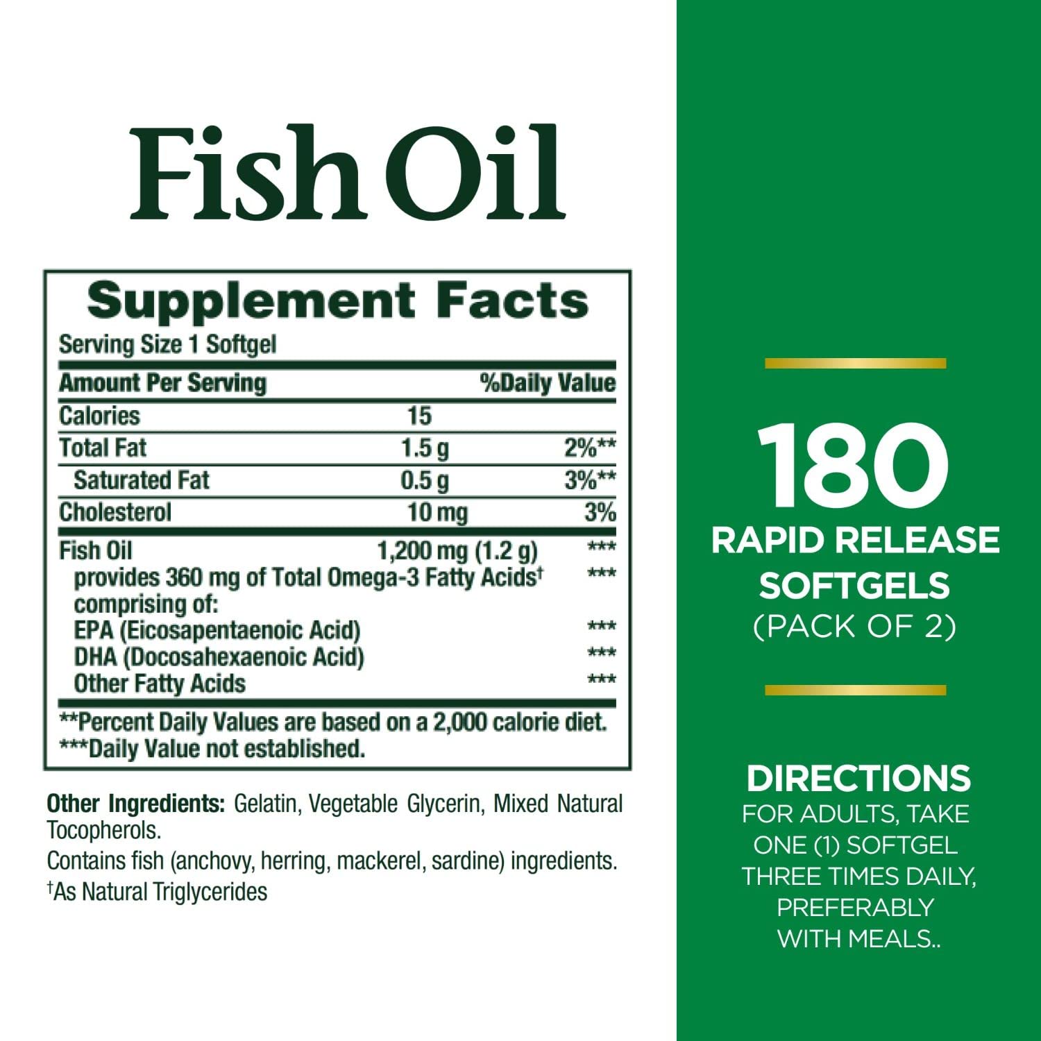 Nature’s Bounty Fish Oil 1200 mg, Twin Pack, Supports Heart Health With Omega 3 EPA & DHA, 360 Rapid Release Softgels