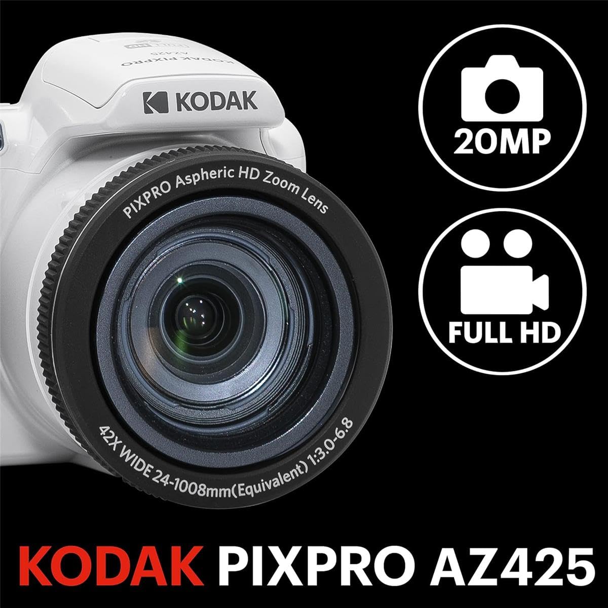 KODAK PIXPRO AZ425 Astro Zoom 20MP Full HD Digital Camera, White, Bundle with 32GB Memory Card and Camera Bag