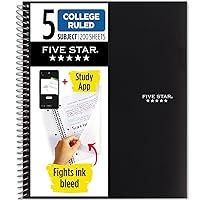 Five Star Spiral Notebook + Study App, 5 Subject, College Ruled Paper, Fights Ink Bleed, Water Resistant Cover, 8-1/2