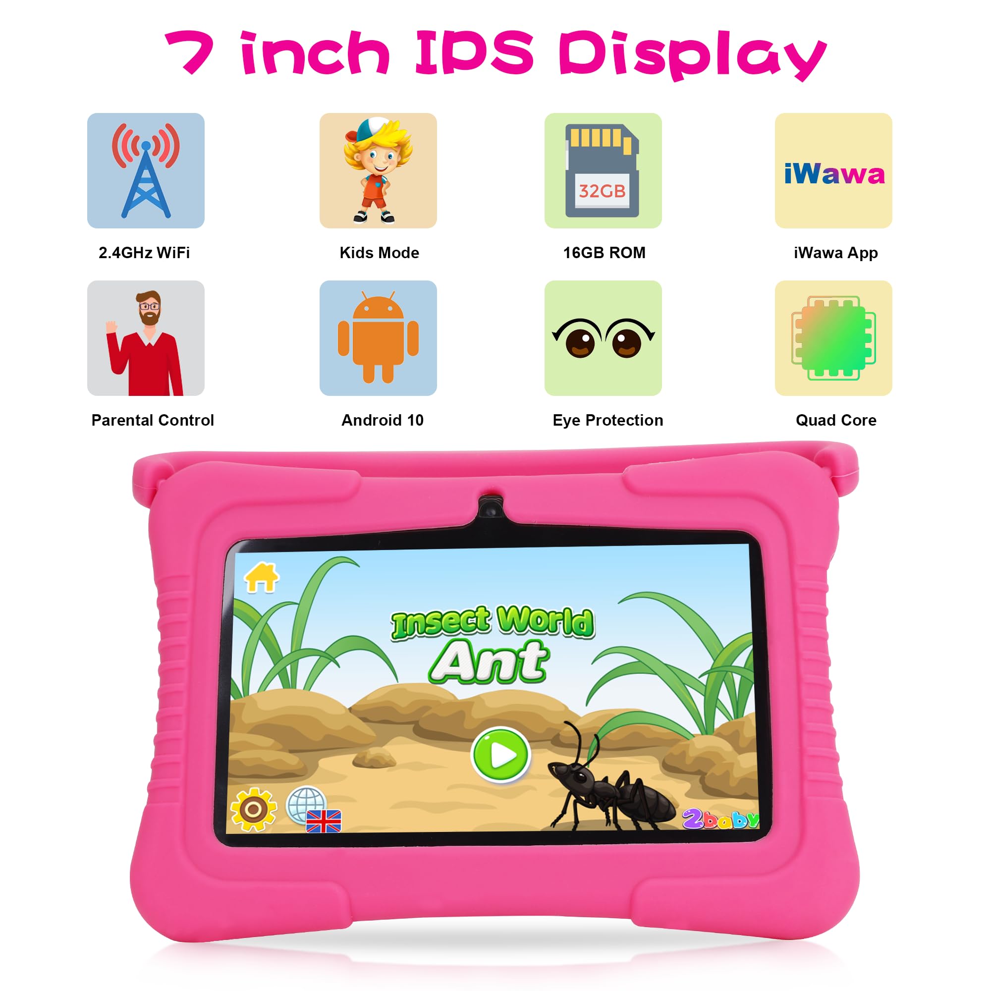 Veidoo Kids Tablets PC, 7 inch Android Kids Tablet with 1GB Ram 16GB Storage, Safety Eye Protection IPS Screen, Premium Parent Control Pre-Installed Educational APP, Best Gift for Children(Pink)