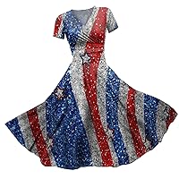 Women 4th of July American Flag Dress Casual Beach V Neck Short Sleeves Maxi Dress Independence Day Dresses