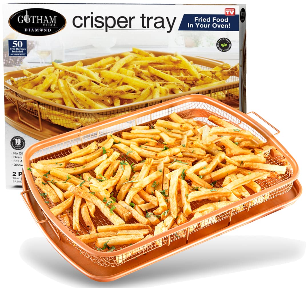 Gotham Steel Crisper Tray for Oven, 2 Piece, 13.4” x 11.4” & Crisper Tray for Oven, 2 Piece Nonstick Copper Crisper Tray & Basket, Air Fry in your Oven, Size 16.5” x 12.5”