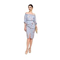 Evelyn Summer Blue Floral Off-Shoulder Dress w/Pencil Skirt