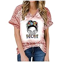 Artism Mom Bleached Shirts Mama Cute Head V-Neck T-Shirts Summer Casual Loose Fit Short Sleeve Funny Tops Blouses
