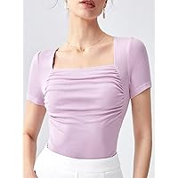 Women's T-Shirt Square Neck Ruched Tee T-Shirt for Women (Color : Lilac Purple, Size : Large)