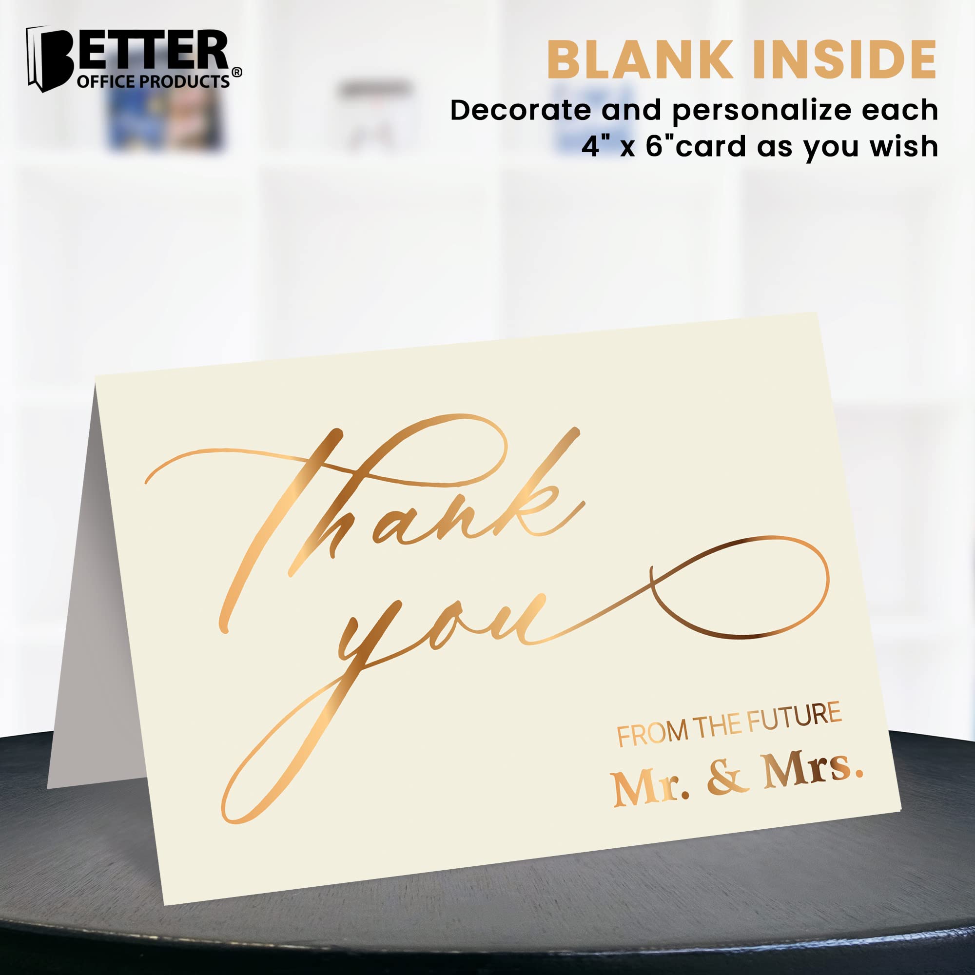 50 Pack Wedding Engagement Thank You Cards in Metallic Gold with Envelopes, 4 x 6 Inch, Wedding Shower Thank You From The Future Mr and Mrs, Blank Cards, by Better Office Products, 50 Count Boxed Set
