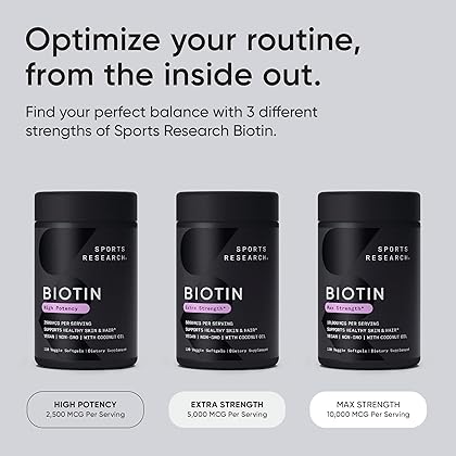 Sports Research Vegan Biotin 5000mcg with Organic Coconut Oil - Extra Strength Biotin Vitamin B7 for Healthier Hair & Skin + Keratin Support - Non-GMO & Gluten Free, 120 Softgels (4 Month Supply)