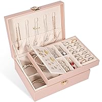 Voova Jewelry Box Organizer for Women Girls, 2 Layer Large Men Jewelry Storage Case, PU Leather Display Jewellery Holder with Removable Tray for Necklace Earrings Rings Bracelets, Vintage Gift, Pink