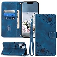 for iPhone 13 Wallet Case,for iPhone 14 Cases,[Card Holder Slots][Wrist Strap][Stand Function] TPU Interior Protective PU Leather Embossing Flip Cover Phone Case 13/14 (Blue)