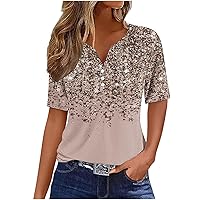 Women's Sequin Tops Short Sleeve V Neck Button Henley T Shirts Summer Casual Trendy Marble Graphic Tee Blouses