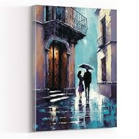 red bathroom accessories,kreative arts modern,romantic wall art,painting showing two lovers with an umbrella in a rain street,enjoy the time,16''x24'' Framed Modern Canvas Wall Art